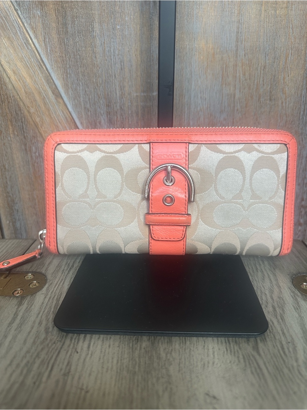 Coach SoHo Coral Buckle Sateen & Leather Zip-Around Wallet